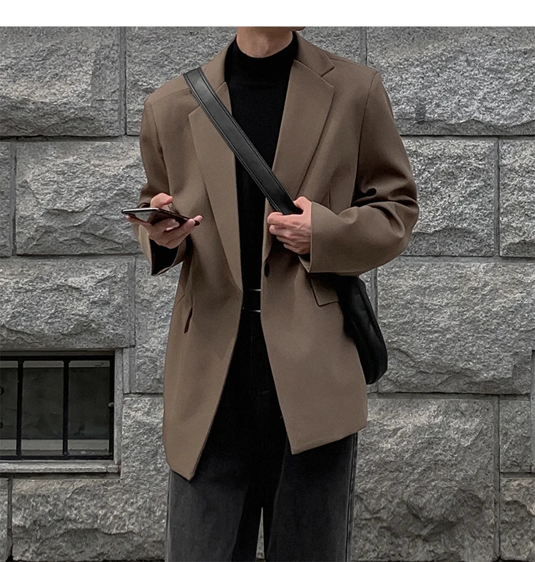 Threebooy Oversized Korean Style Men's Loose Casual Small Suit, Men's 2024 Autumn New Padded Shoulder Suit Jacket Unisex Top