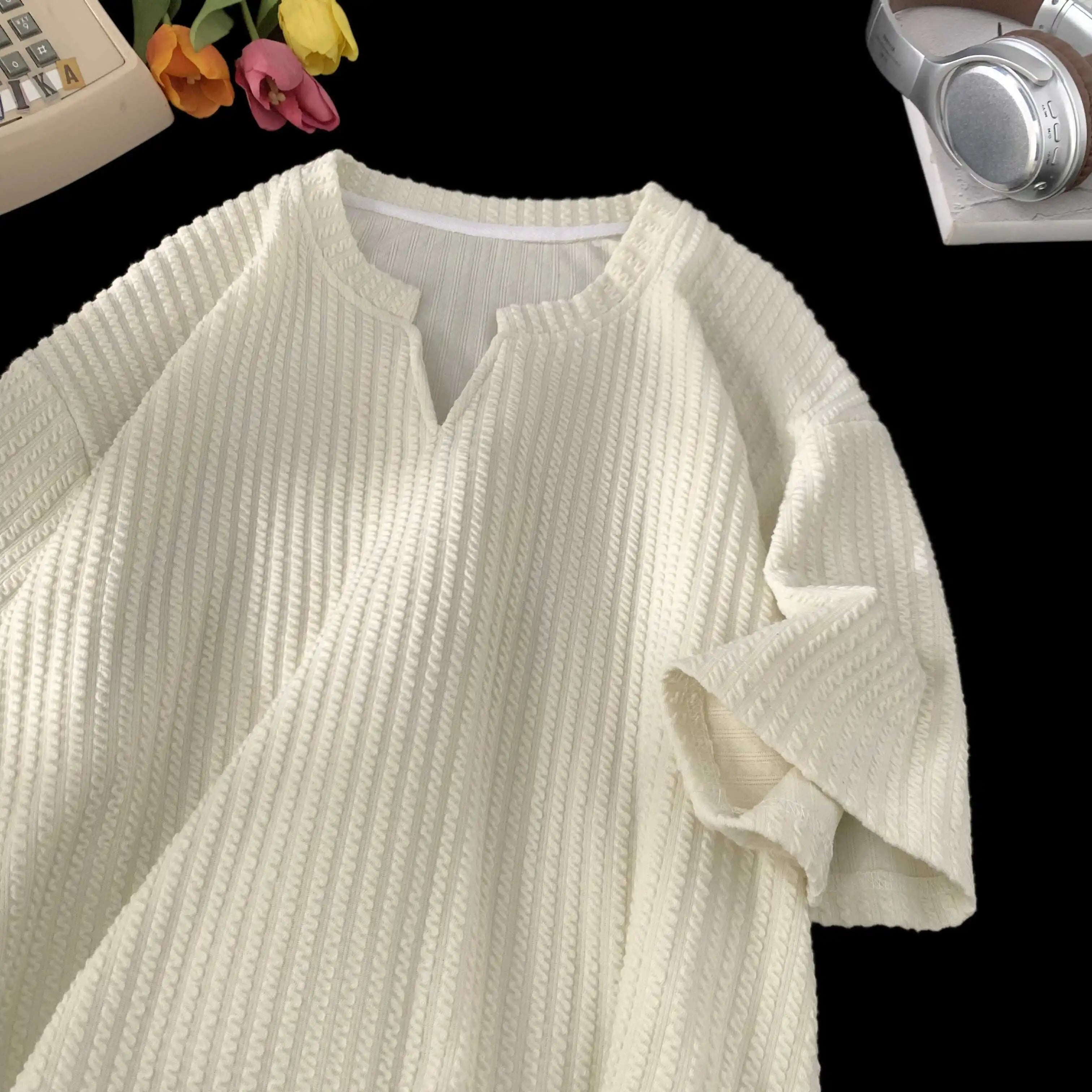Threebooy Fashionable High-end V-neck Short-sleeved T-shirt Men's Korean Style Summer Fashion Handsome Clothes Loose Versatile Top Chic