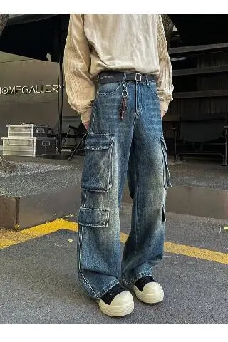 Threebooy Cargo jeans men New High Street Gothic Punk Dark Trousers  Harajuku Retro Baggy Jeans Men Street Fashion Straight Leg Pants