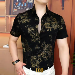 Threebooy  Luxury Velvet Printed Short Sleeved Shirt for Men Retro Social Casual Shirt Trendy and Versatile Street Wear Men's Clothing
