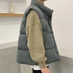 Threebooy Casual Men Waistcoat Loose Stand Collars Sleeveless Zipper Vest Coats Autumn Winter Korean Chic Streetwear Man Coats