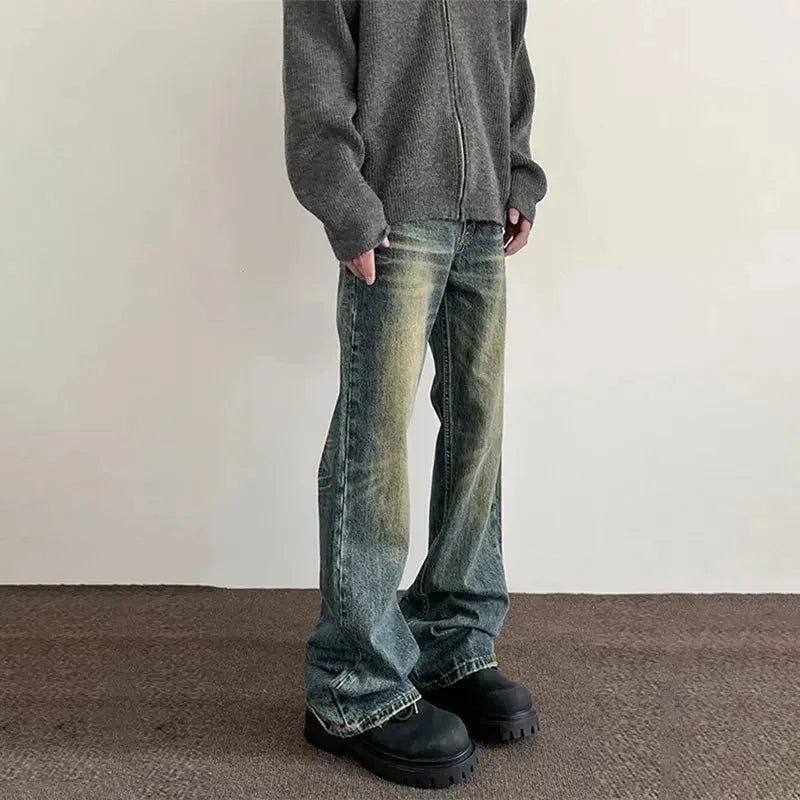 Threebooy  Vintage American Style Men's Straight-Leg Slimming Long Jeans Distressed Washing Denim Pants Trendy Brand Bootcut Pants