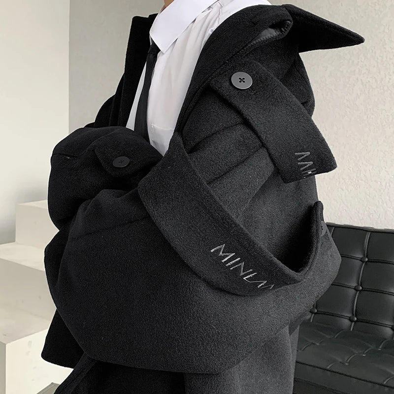 Threebooy Streetwear Woolen Coat Men's Autumn Winter Minority Lapel Jacket American Retro Loose Casual Asymmetrical Jacket