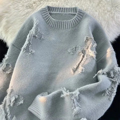 Threebooy Y2k Streetwear Sweater Men New Retro Hole Fringed Sweater Loose Versatile Knitwear Pullovers Long Sleeve Jumpers Clothing