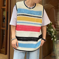 Threebooy Fashion Knitted Vest Y2k Streetwear Trend Hollow Sleeveless Top Men's Striped Contrast Color Loose Tank Tops Genderless Clothing