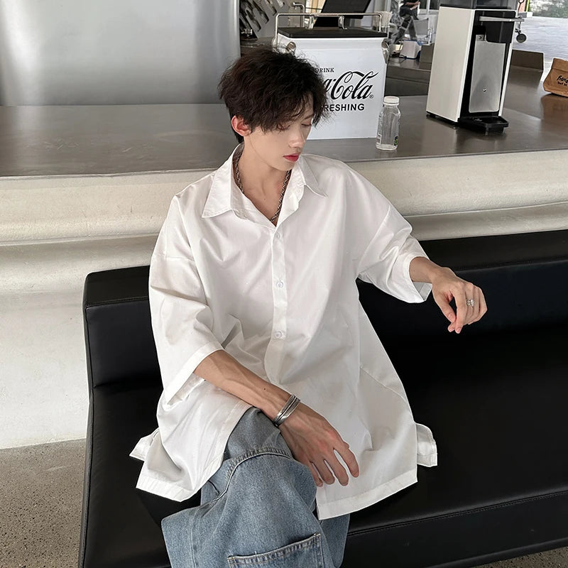 Threebooy Streetwear Men's Glitter Shirts Summer Short Sleeve Oversized Chic All-match Shirt Men Women Korean Daily Loose Tops Black/White