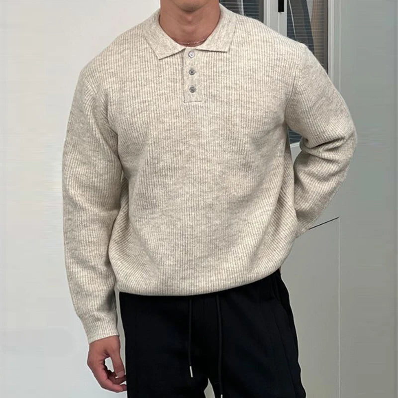 Threebooy  New British Retro Men Polo Neck Sweater Light Luxury Knit Loose Long Sleeve Pullover Casual Solid Color Premium Knitwear M-3XL