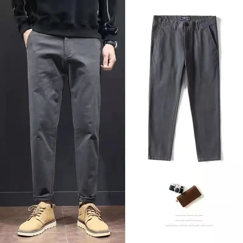 Threebooy Korean Cotton Casual Pants Men Spring Summer Cropped Pants Straight Leg Pants Business Men's Elegant Simple Trousers