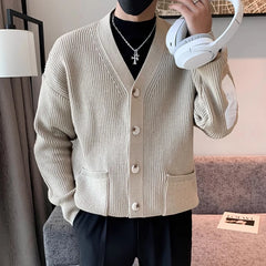 Threebooy Men Cardigan Fashion Luxury Knitted Sweater Coats Trendy Japanese Retro V Neck Long Sleeve Jacket Casual Stylish Knitwear M-3XL
