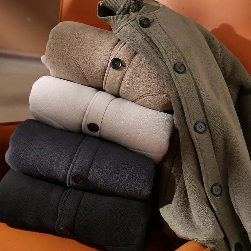 Threebooy Men's Jacket Autumn Winter Polar Fleece Stitching Double Layer Stand Collar Thickened Single-breasted Solid Color Jackets Tops