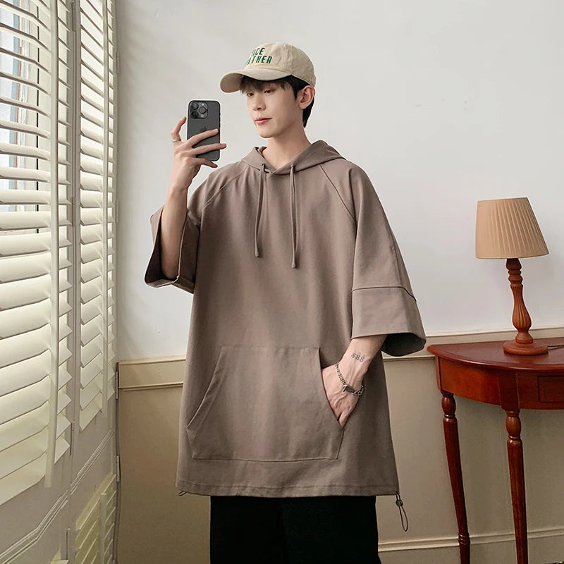 Threebooy Solid Color Hooded T shirt Men Summer Korean Short Sleeve Pullover Loose Casual T-shirt Streetwear Drawstring Tops Men Clothing