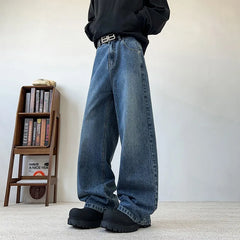 Threebooy Men's Wide Leg Curved-Knife Jeans Summer American Bamboo Pattern Striped Texture Design Men Trendy Denim Pants 2025 Baggy Jeans
