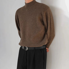 Threebooy Korean Fashion Men Sweater Light Luxury Trendy Mock Neck Knitted Solid Color Pullover Premium Quality Long Sleeve Basic Knitwear