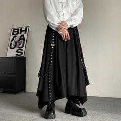 Threebooy Mens Gothic Rope Belt Decorated Irregular Skirt Pants Genderless Fashion Japanese Style Niche Dark Samurai Pants Hakama Unisex