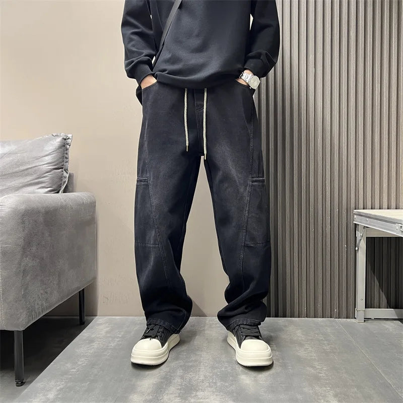 Threebooy Autumn Vintage Cool And Stylish Vintage High Street Casual Men'S Curved Knife Jeans Drawstring Pants Loose Straight Leg Pants