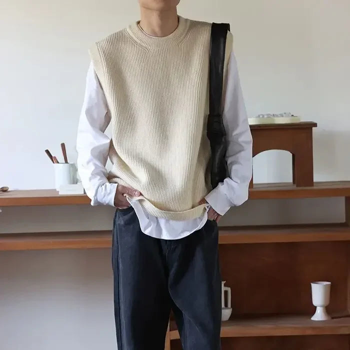Threebooy Knit Sweater Male Sleeveless Solid Color Men's Clothing Waistcoat Vest Crewneck Black Round Collar Plain Korean 2024 Autumn Old
