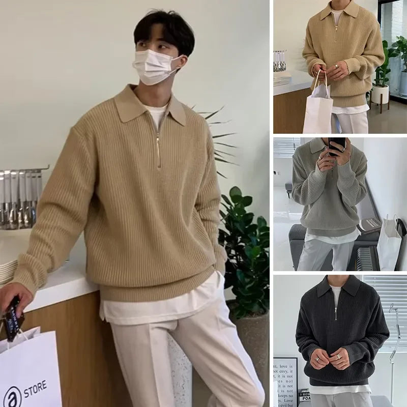 Threebooy Vintage Sweater Men Fashion Versatile Casual Solid Color Pullovers Jacket Zip Long Sleeved Loose Fitting Autumn New
