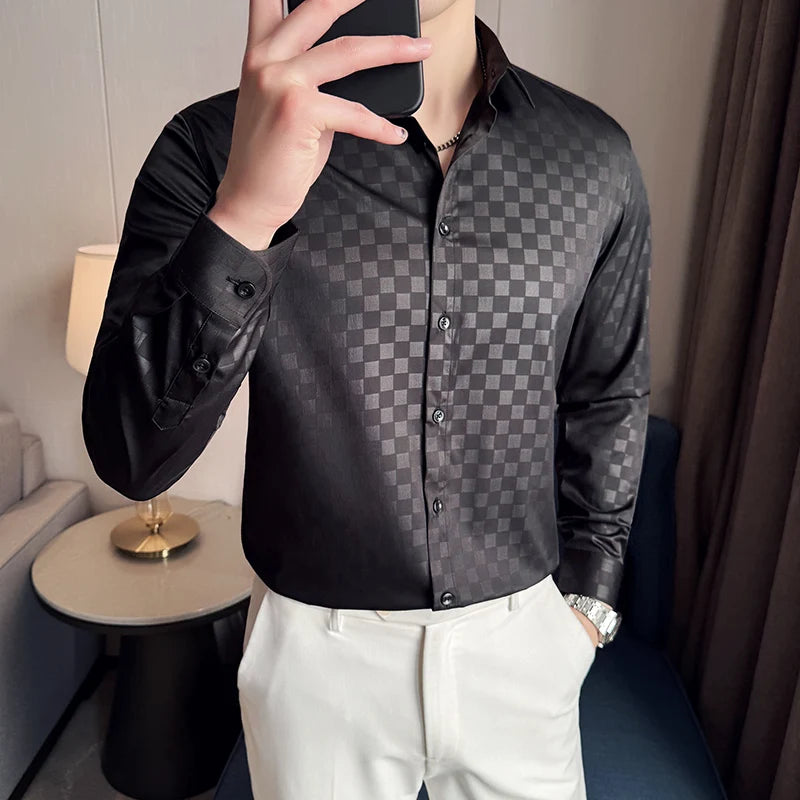 Threebooy  British Style Shirt Long Sleeved Slim Fit Checkered Shirt Men's Casual Business Dress Shirt Streetwear Social Men Clothing