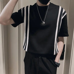 Threebooy Summer Men's Social Simple Fashion T Shirts Korean Style Round Neck Stripe Printing Tshirts Short Sleeve Black T-shirt