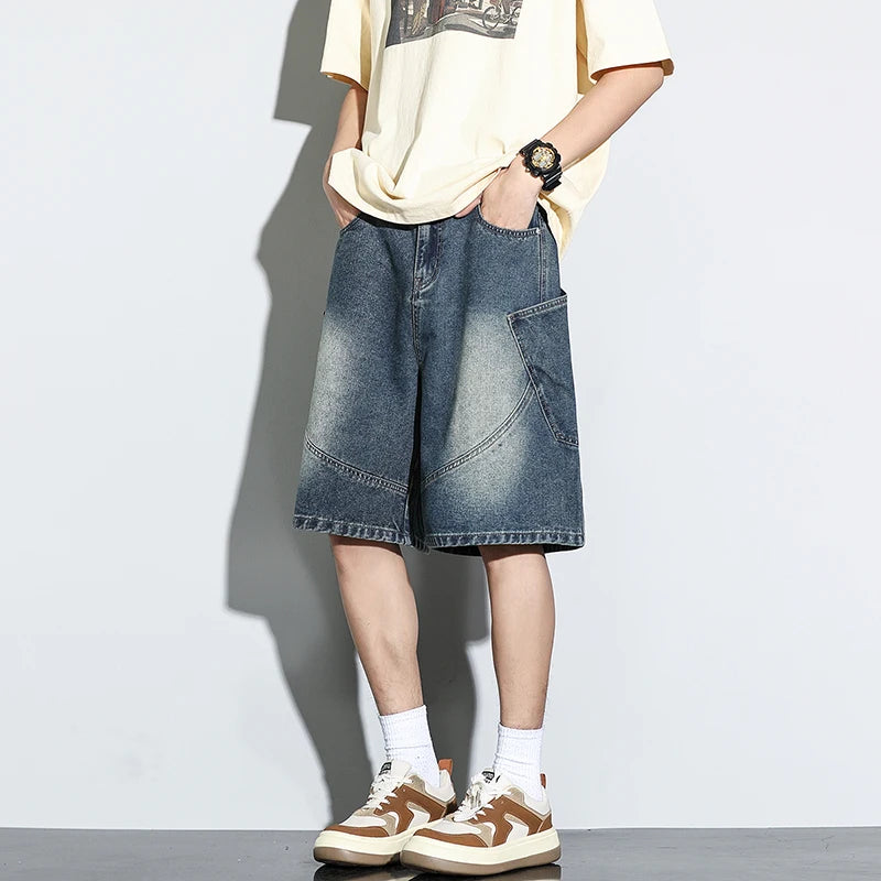 Threebooy  Summer New Baggy Denim Shorts Fashion Casual Straight Harajuku Jeans Male Vintage Wash Drawstring Short Pants Streetwear