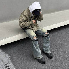 Threebooy Hip Hop Street Jean Men Wide Leg Flared Trousers Autumn Winter Streetwear Vaqueros Pantalones Loose Y2k Ripped Cargo Denim Pants