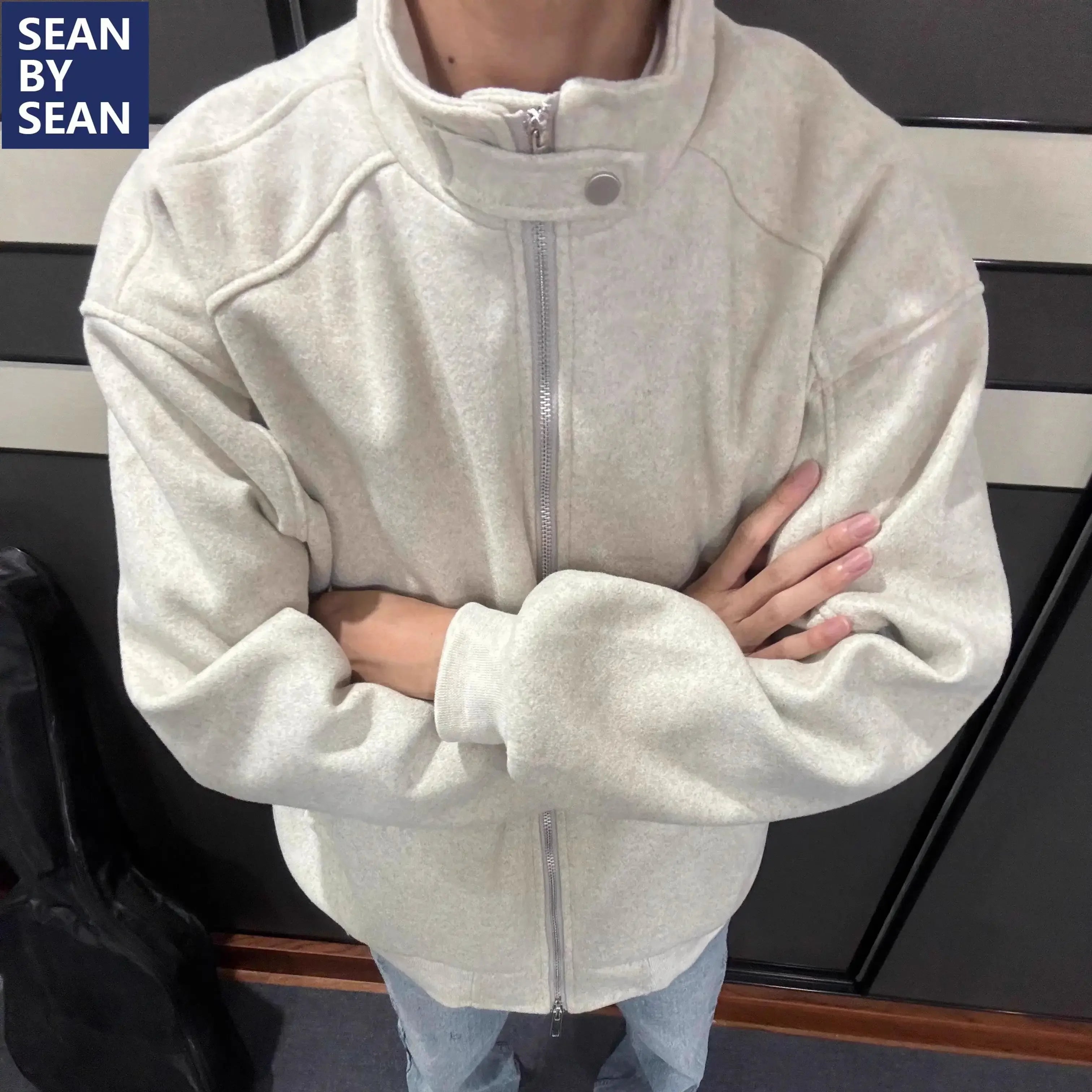 Threebooy Simple Solid Color Sweatshirt Stand Up Collar Woolen Jacket for Boys Girls Spring Autumn Loose Versatile Hoodie Hip Hop Coat