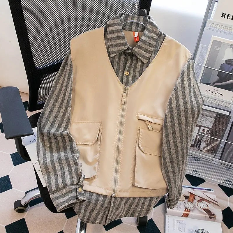 Threebooy Japanese Spring/Autumn Retro Stripe Fake Two Piece Splicing workwear Shirt for Men and Women Loose Couple Retro Casual Top y2k