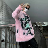 Threebooy Mens Y2k American Street Pink Graffiti Knitted Sweater Genderless Autumn Winter Fashion Casual Lazy Style Plush Top Unisex