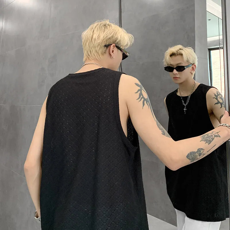 Threebooy Men Ice Silk Hellow Sleeveless TShirts O-Neck Vest Summer Male Loose Casual Tank Tops Fashion Oversized Singlets Male Clothing