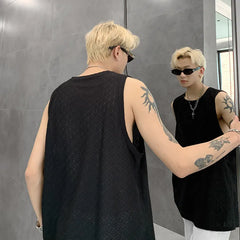 Threebooy Men Ice Silk Hellow Sleeveless TShirts O-Neck Vest Summer Male Loose Casual Tank Tops Fashion Oversized Singlets Male Clothing