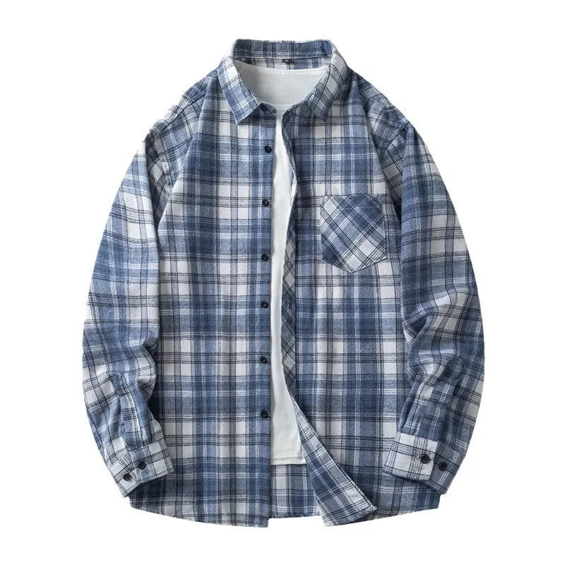 Threebooy Men's Spring Autumn Casual Loose Long Sleeved Shirt Couples Elegant Business Work Plaid Jacket