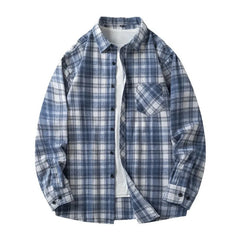Threebooy Men's Spring Autumn Casual Loose Long Sleeved Shirt Couples Elegant Business Work Plaid Jacket