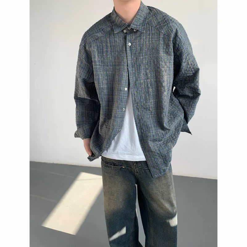 Threebooy Autumn Long Sleeved Shirt Men Fashion Color Plaid Shirt Men Streetwear Korean Loose Casual Shirt Mens Oversized Vintage Shirts