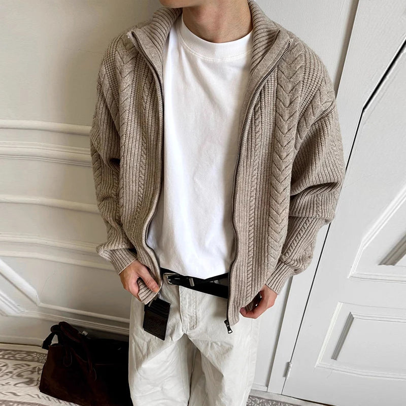 Threebooy  New Japanese Retro Men Cardigan Jacket Winter Light Luxury Trendy Turtleneck Knit Zip-up Long Sleeve Sweater Coat Premium Outfit