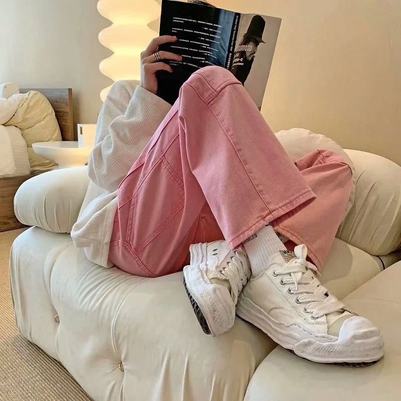 Threebooy  Summer Pink Jeans Men Fashion Retro Pocket Cargo Jeans Men Streetwear Hip Hop Loose Straight Denim Pants Mens Trousers S-3XL