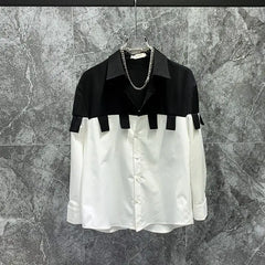 Threebooy  Spring Autumn High-end Fashionable Color Block Shirt Trendy Niche Design Structure Contrast Color Loose Long Sleeve Shirt