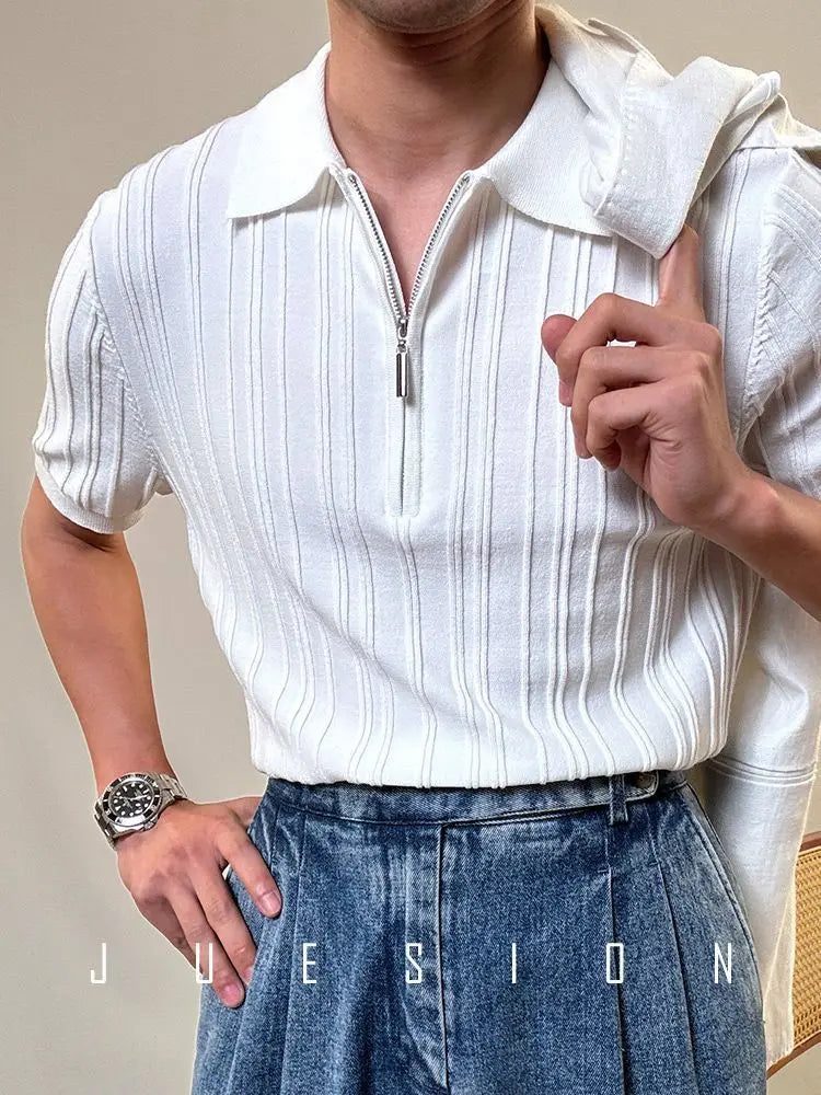 Threebooy Zipper Knitted Short-sleeved Polo Shirt Men Summer American Retro Commuting Loose Vertical Striped Pit Strip Lapel T-shirt Men
