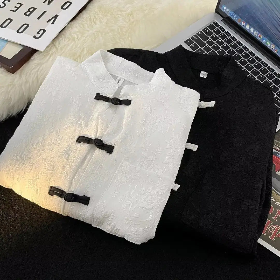 Threebooy Chinese Style Blouse Buckle Stand Collar Shirt Korean 2025 Summer New Trend Embroidered Pattern Vintage Shirt Jacket