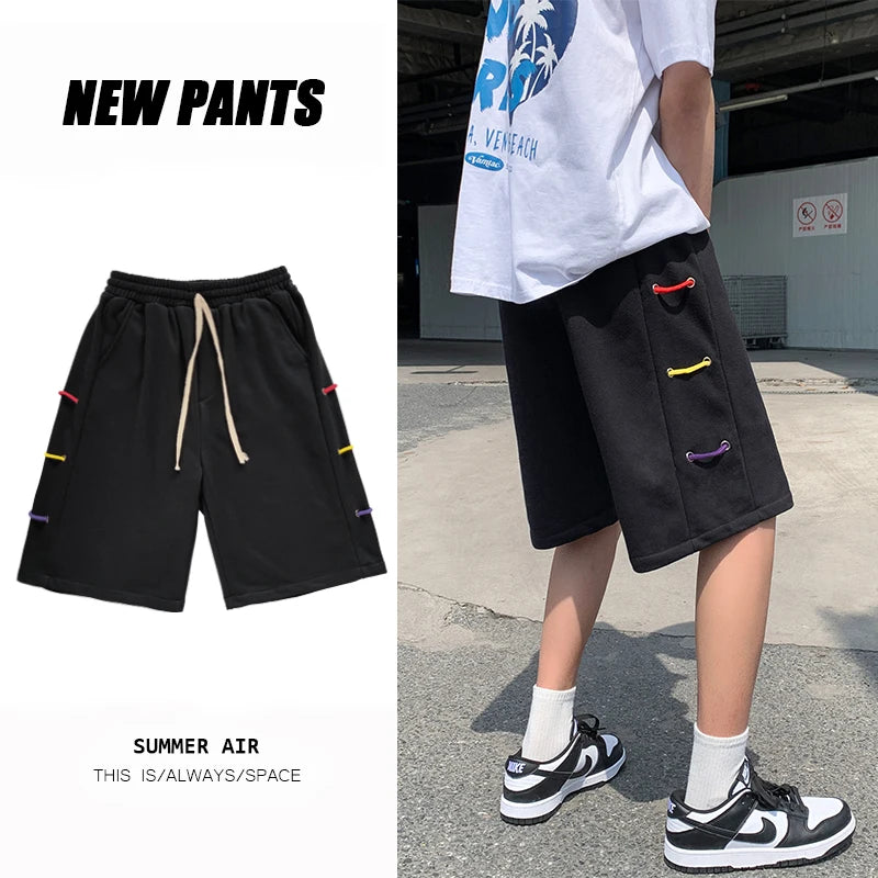 Threebooy summer new fashion young men's elastic waist lace loose casual shorts jogging mountain five-point pants white black gray