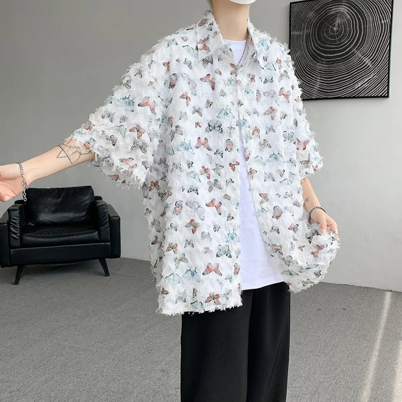 Threebooy Summer Butterfly Tassel Splice Shirt Men Loose Casual Floral Short Sleeve Shirts Women Oversize Streetwear Boy Girl Blouses