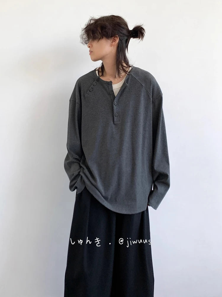 Threebooy  Spring Autumn New Japanese Retro POLO Collar Pullover Sweatshirt Men Women Couple Casual Loose Long-sleeved Base Shirt T-shirt