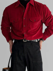 Threebooy Korean High-end Shirt Temperament Red Corduroy Long-sleeved Shirts Men Women Spring Loose Lazy Trendy Tops Aesthetic Chic Blouse