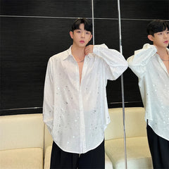 Threebooy Spring New Male Casual Chiffon Shirts Men's Lapel Niche Desgin Shirt Long Sleeve Shirt Male Stage Show Dress Shirt