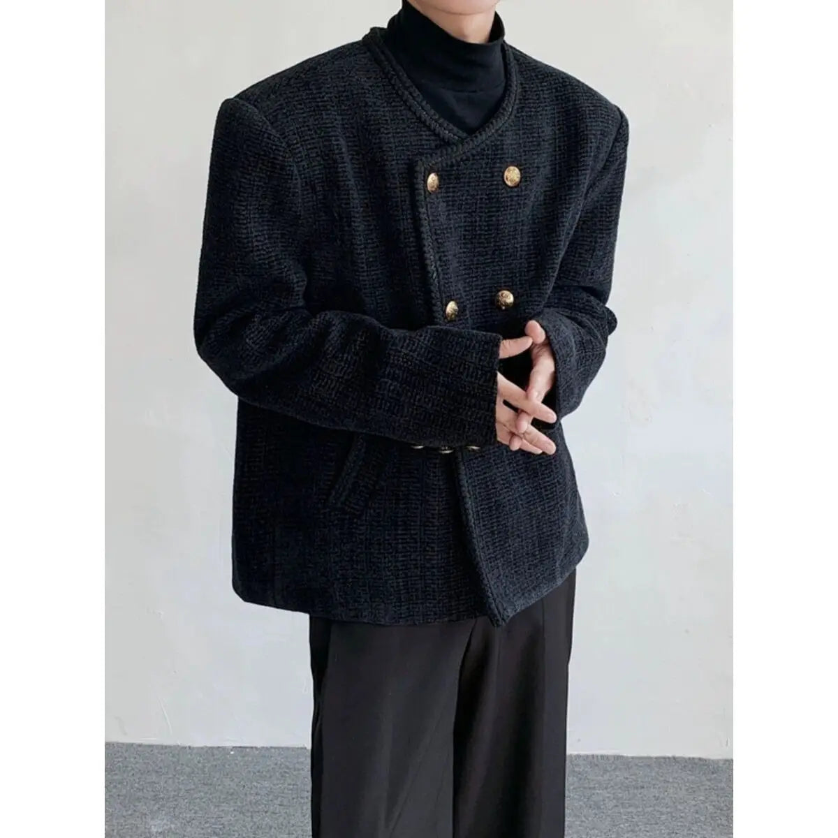 Threebooy American Elegant Blazer Coat Autumn Winter High-end Wool Suit Men's Korean Style Loose Double-breasted Suit Vintage Jacket Chic