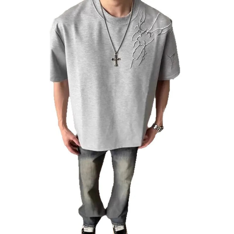 Threebooy Men's Summer Thorn Embroidery Round Neck Short Sleeve American High Street Half Sleeve Regular Shoulder T-Shirt