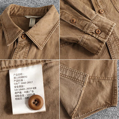 Threebooy  Tough Guy Style Heavyweight Washed Old Work Shirt Men's American Cargo Styles Daily Casual Versatile Long Sleeve Shirt Jacket