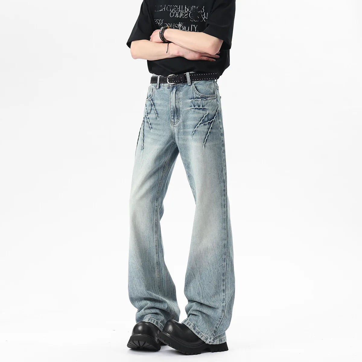 Threebooy  New Bootcut Jeans men Vintage Washed Distressed Wrinkle Crinkle Design Comfort Women Men Fashion Denim man Trousers