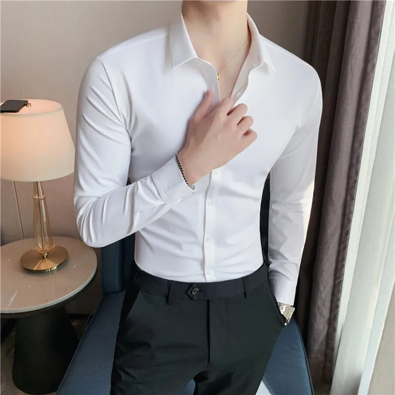 Threebooy British Style Men High-Grade Long-Sleeve Shirts/Male Slim Fit Business Casual Lapel Shirt Dress Shirt Tops Plus Size S-4XL