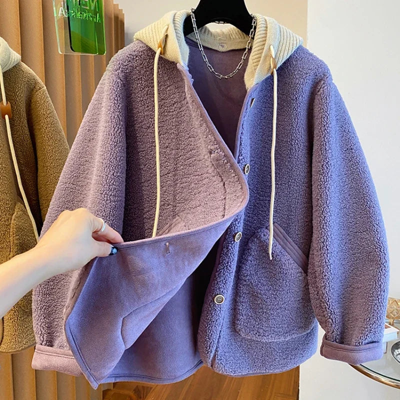 Threebooy Simple Niche Splicing Detachable Knitted Hooded Coat Women Autumn Winter Velvet Loose Casual Lamb Wool Warm Button Top
