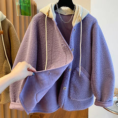 Threebooy Simple Niche Splicing Detachable Knitted Hooded Coat Women Autumn Winter Velvet Loose Casual Lamb Wool Warm Button Top
